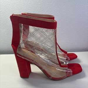 Chase + Chloe Size 10 Wide Width Heeled Red & Clear Booties *flaw*